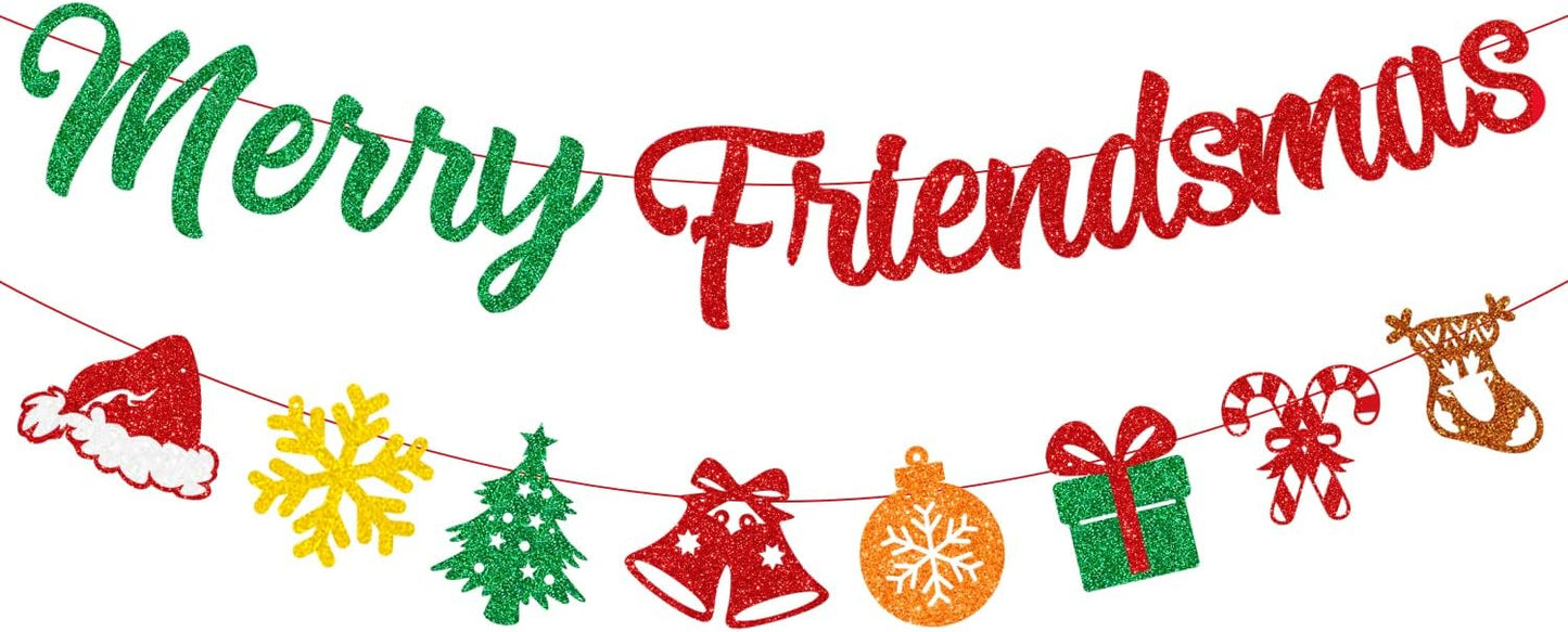 Merry Friendsmas Banner Christmas Banner with Glittery Snowflake Hat Stockings Signs Friendsmas Decor Friends Themed Christmas Party Decorations for Wall Fireplace Party Decor Supplies
