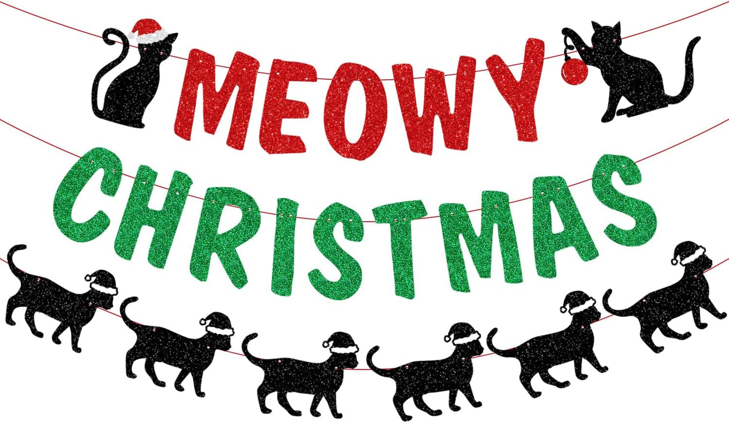 Glittery Meowy Christmas Banner Cat Themed Christmas Party Banner Decorations for Wall Fireplace Party Decor Supplies