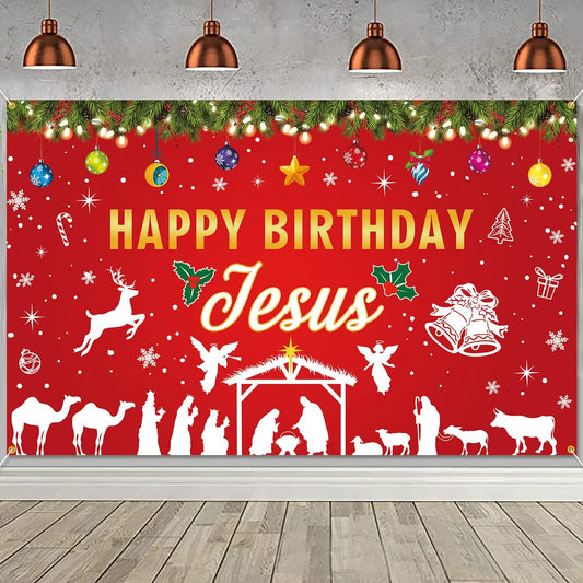 Backdrop Banner for Happy Birthday Jesus 73 x 43 Inch Large for Christian Christmas Jesus Birthday Party Decorations Photo Booth Props