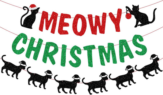 Glittery Meowy Christmas Banner Cat Themed Christmas Party Banner Decorations for Wall Fireplace Party Decor Supplies