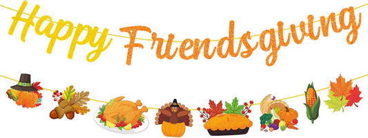 Glittery Happy Friendsgiving Banner Thanksgiving Banner Garland with Maple Leaves Turkey Pumpkin Signs for Fall Thanksgiving Day Party Decorations Friendsgiving Home Party Supplies